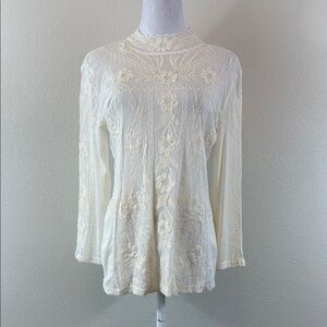 Sundance Cream Sheer Lace Blouse with 3/4 Sleeves Medium
